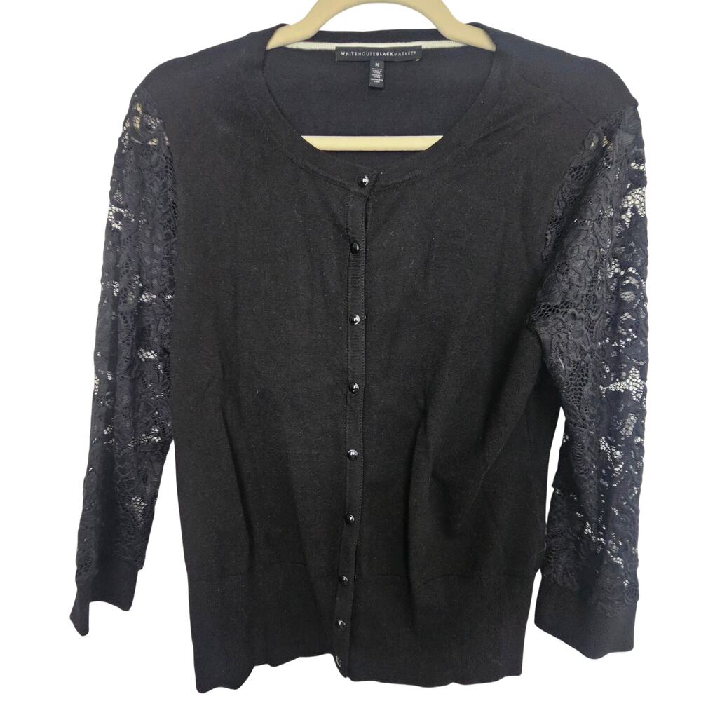 White House Black Market Womens Cardigan Sweater Size M Lace Sleeves Career Corp